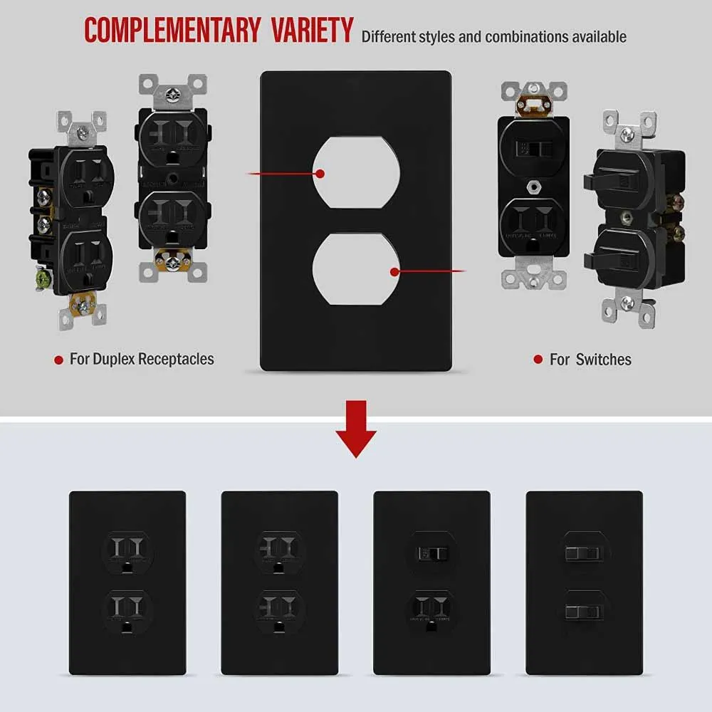 1-Gang Screwless Duplex Outlet Cover Plate Black