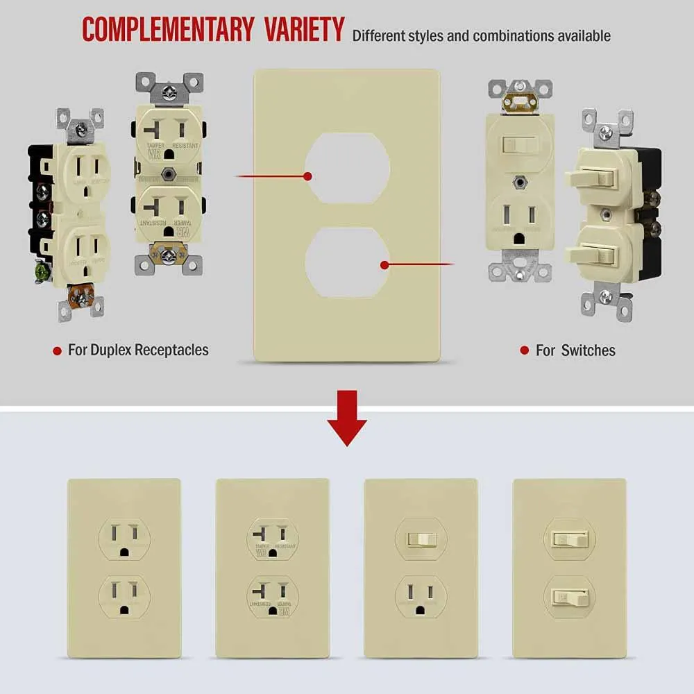 1-Gang Screwless Duplex Outlet Cover Plate Ivory