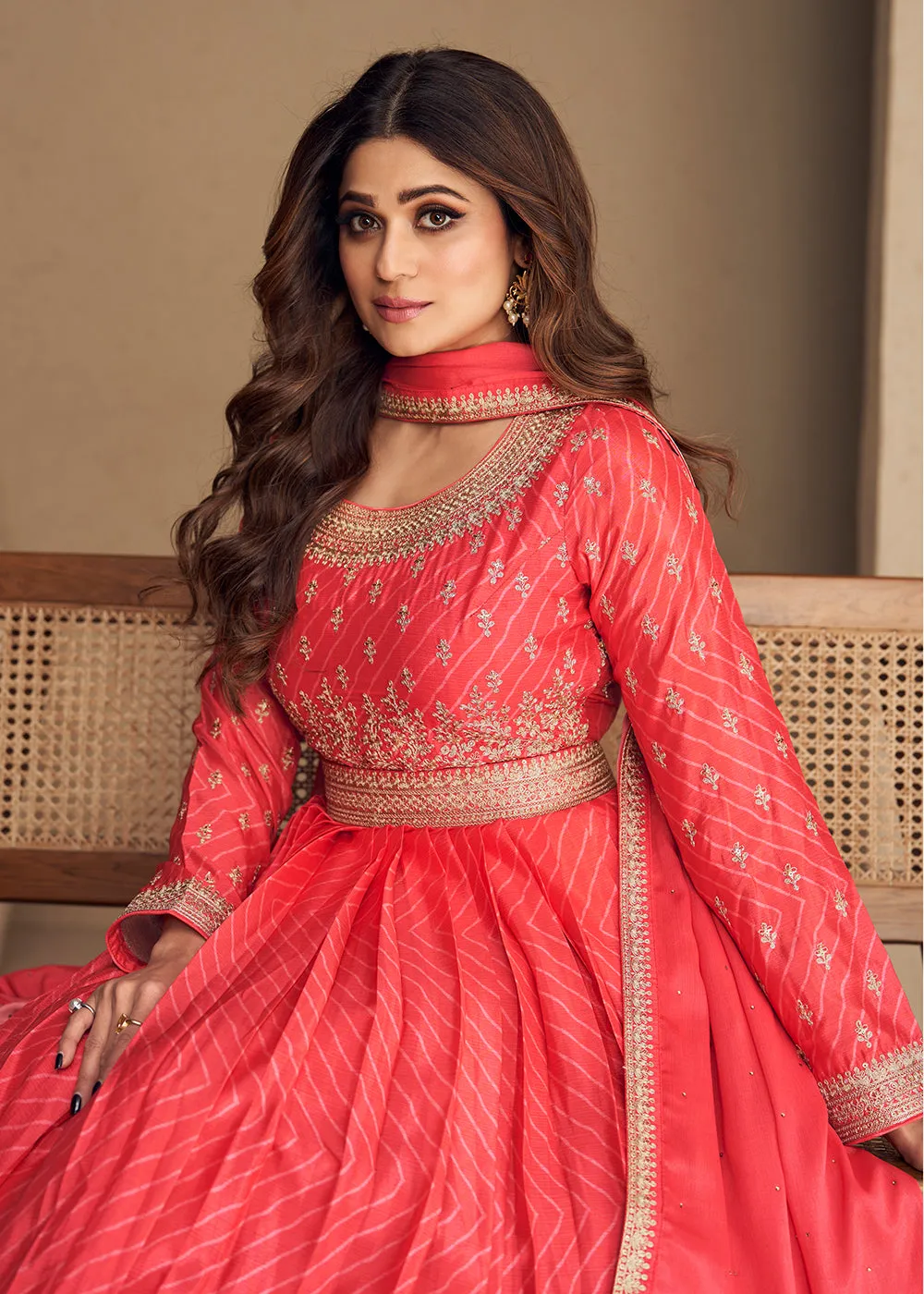 Alluring Chinon Silk Peachy Orange Embroidered Engagement Wear Anarkali