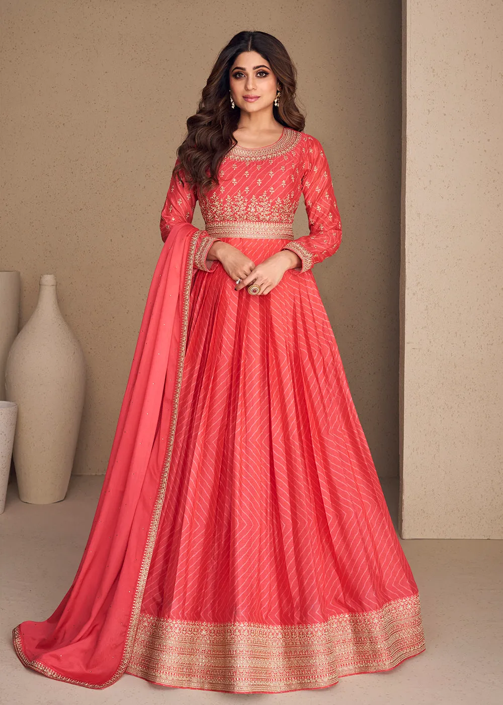 Alluring Chinon Silk Peachy Orange Embroidered Engagement Wear Anarkali