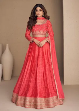 Alluring Chinon Silk Peachy Orange Embroidered Engagement Wear Anarkali
