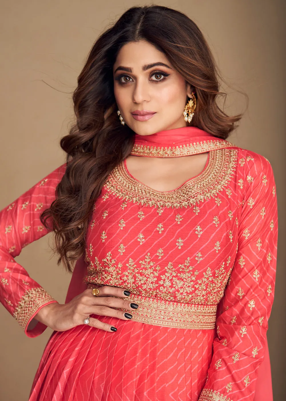 Alluring Chinon Silk Peachy Orange Embroidered Engagement Wear Anarkali