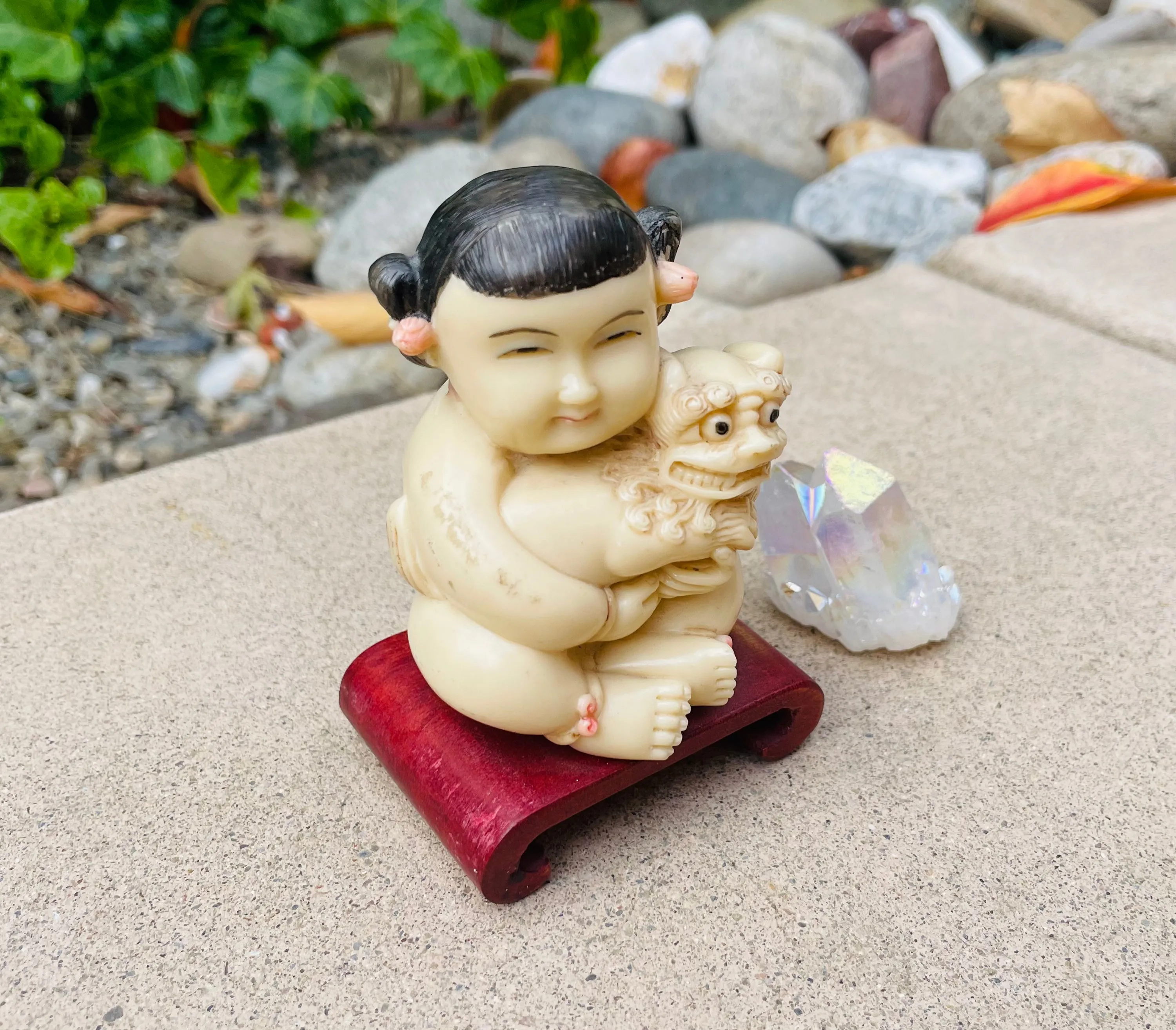 Antique Vintage Asian Oriental Child Foo Dog Figurine Art Carved Resin Statue