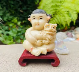 Antique Vintage Asian Oriental Child Foo Dog Figurine Art Carved Resin Statue