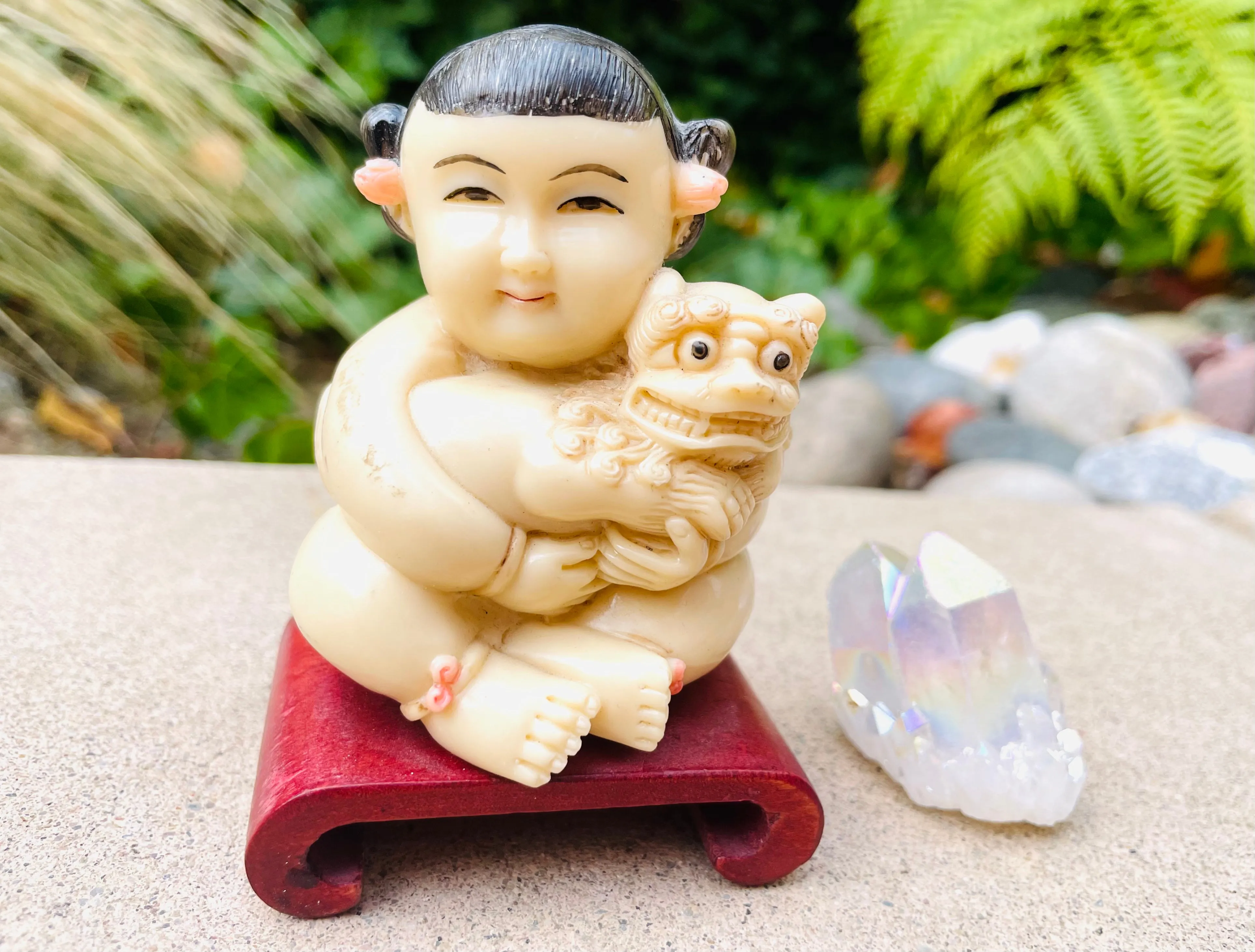 Antique Vintage Asian Oriental Child Foo Dog Figurine Art Carved Resin Statue