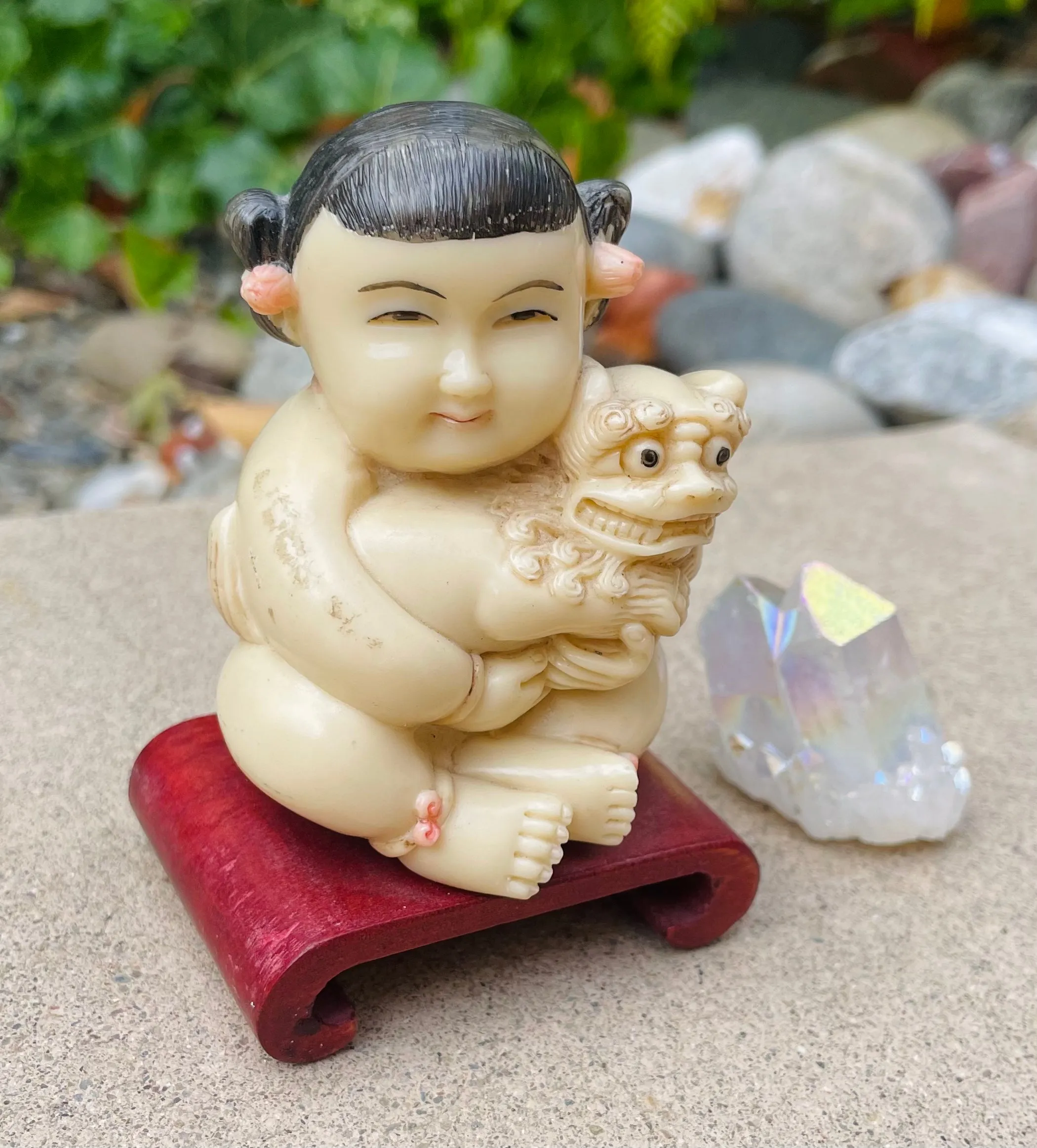 Antique Vintage Asian Oriental Child Foo Dog Figurine Art Carved Resin Statue