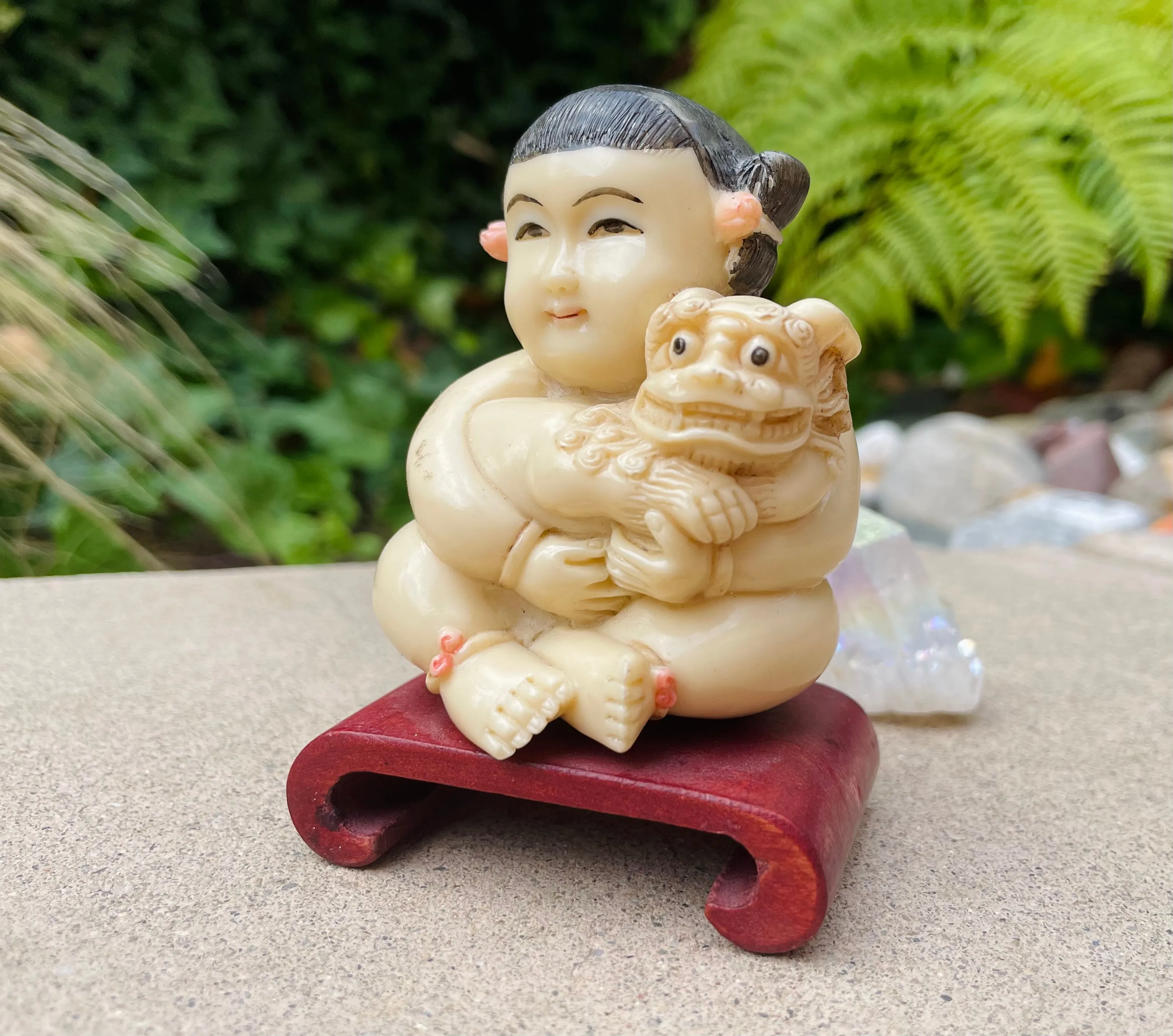 Antique Vintage Asian Oriental Child Foo Dog Figurine Art Carved Resin Statue