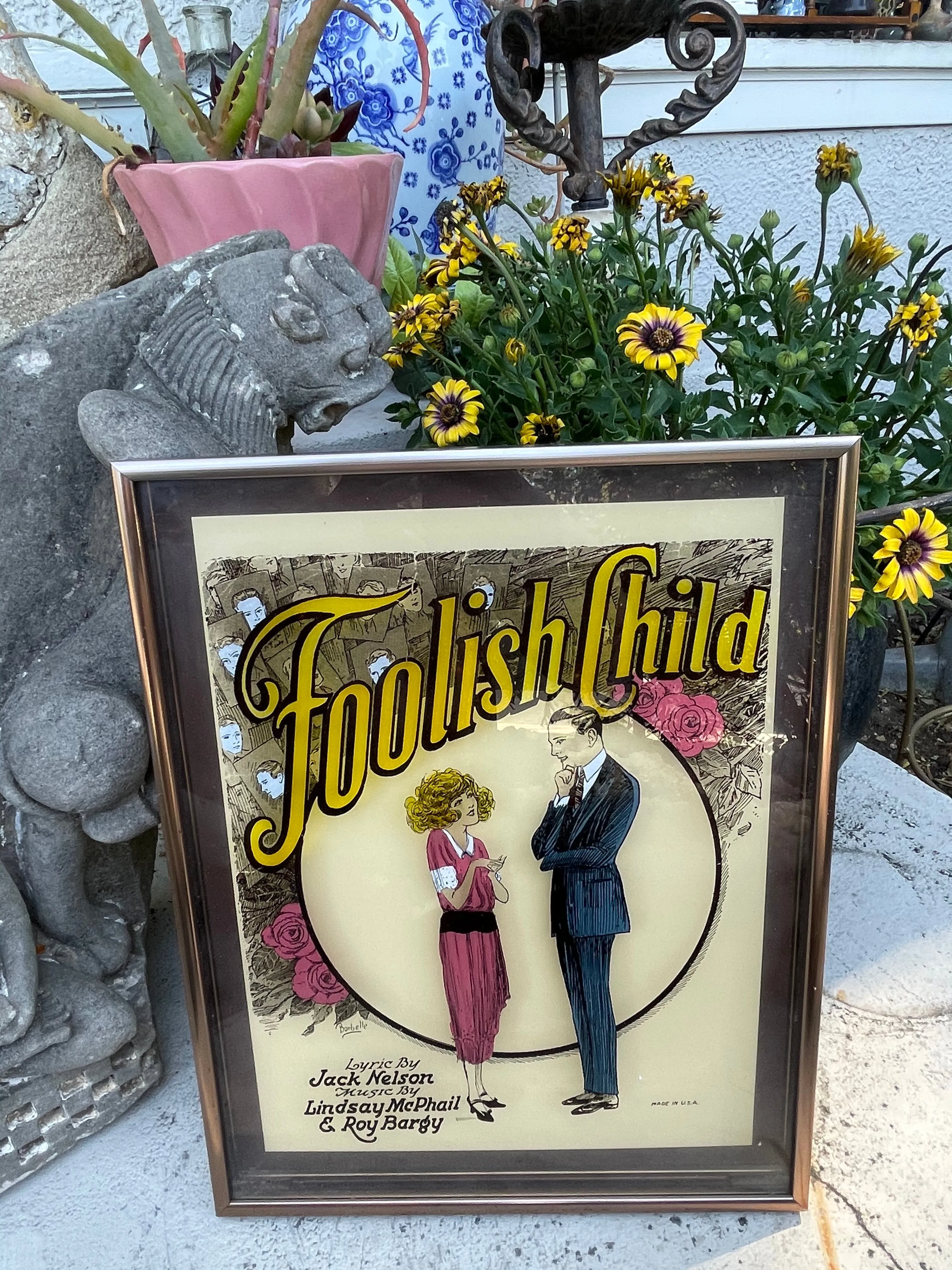 Antique Vintage Foolish Child Lindsay McPhail Roy Bargy Floral Glass Art Picture