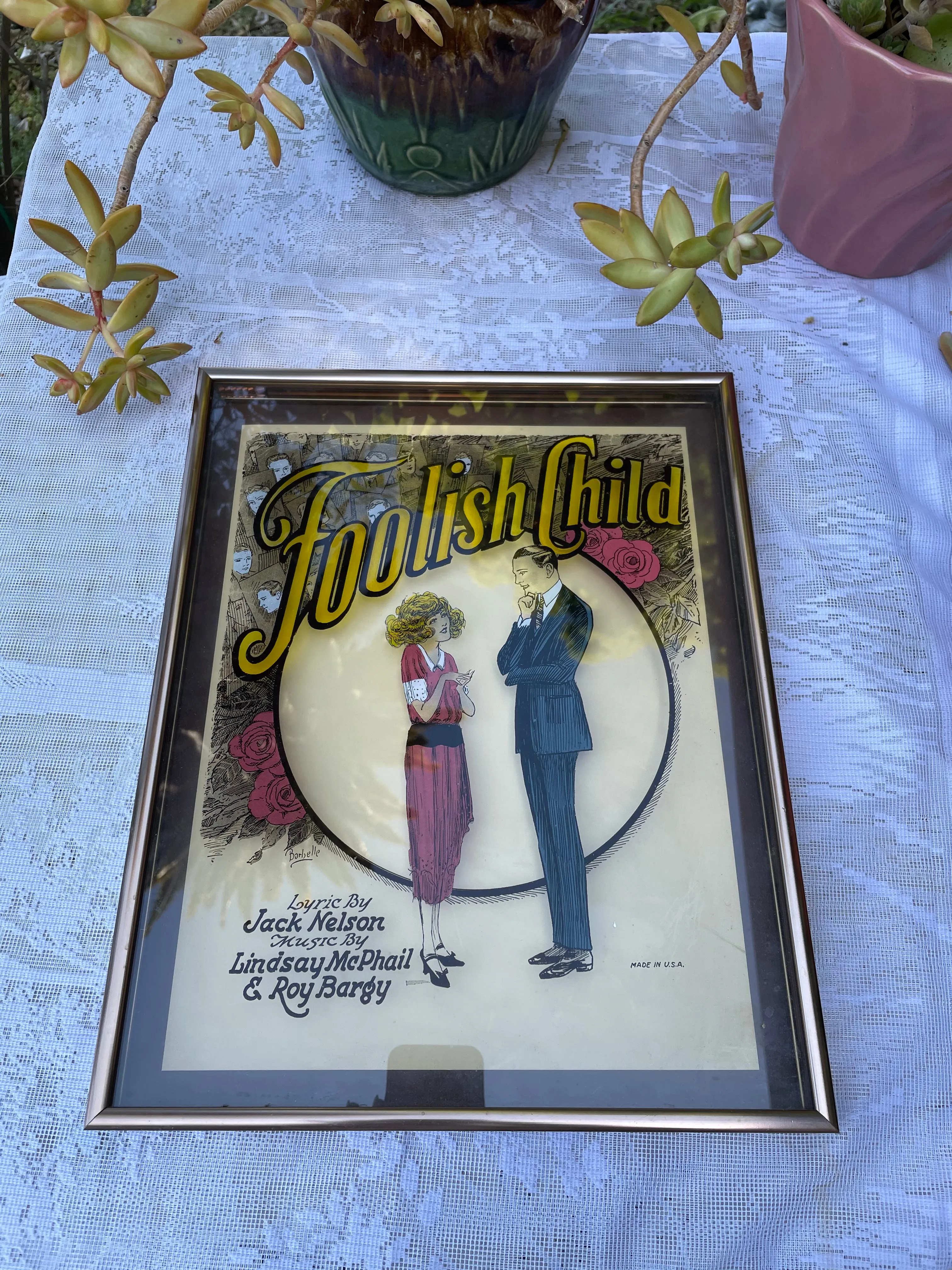 Antique Vintage Foolish Child Lindsay McPhail Roy Bargy Floral Glass Art Picture