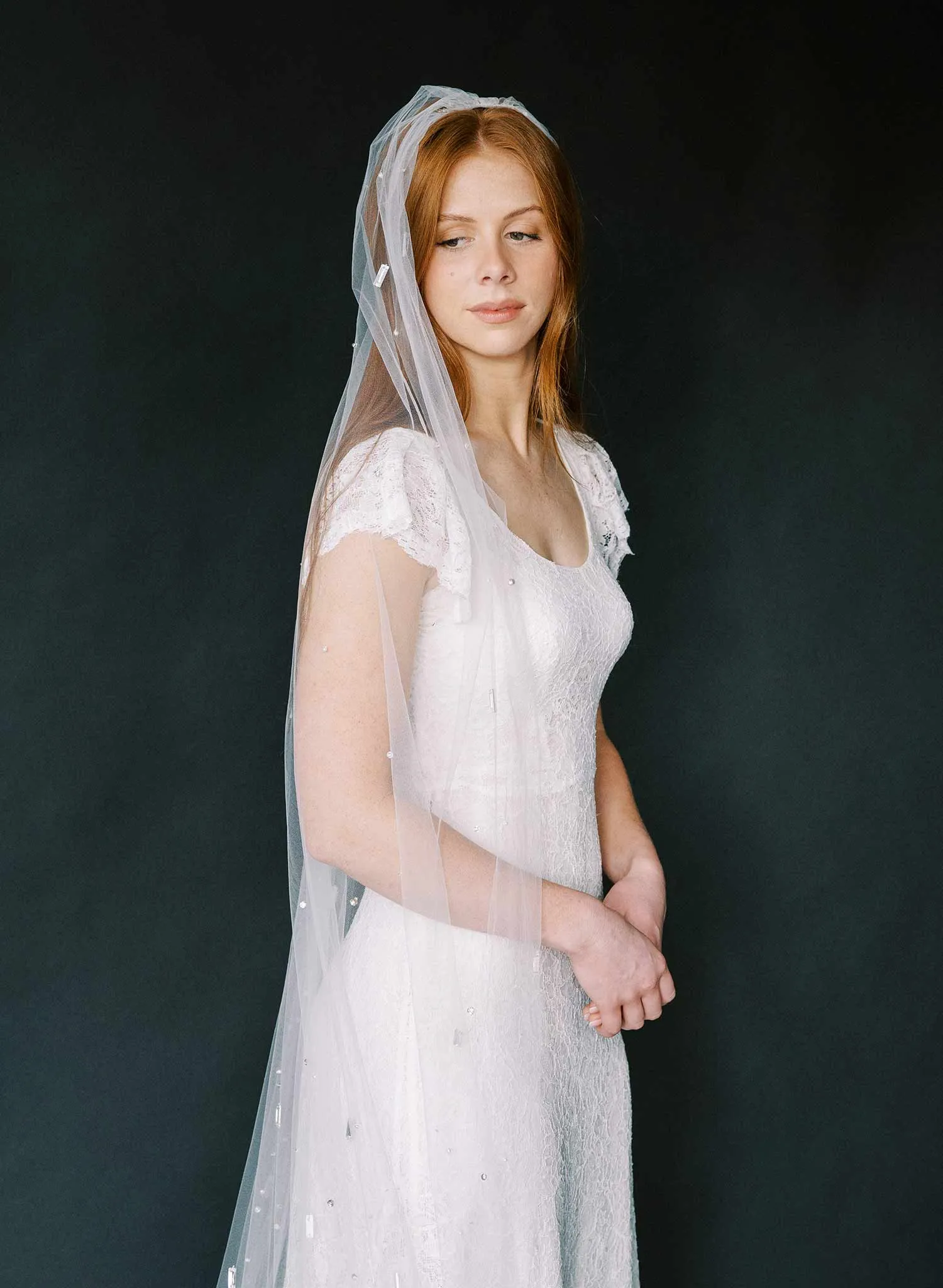 Baguette crystal and bead chapel train veil - Style #2370