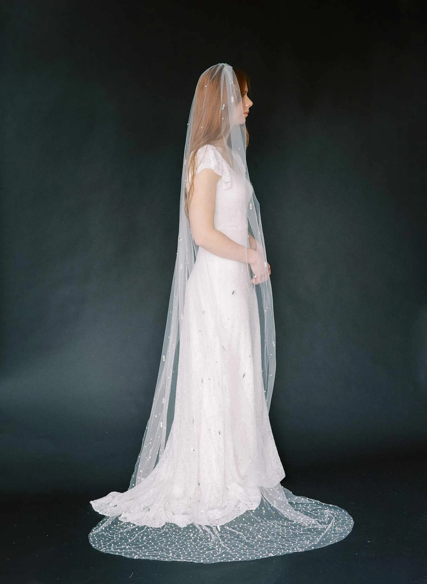 Baguette crystal and bead chapel train veil - Style #2370