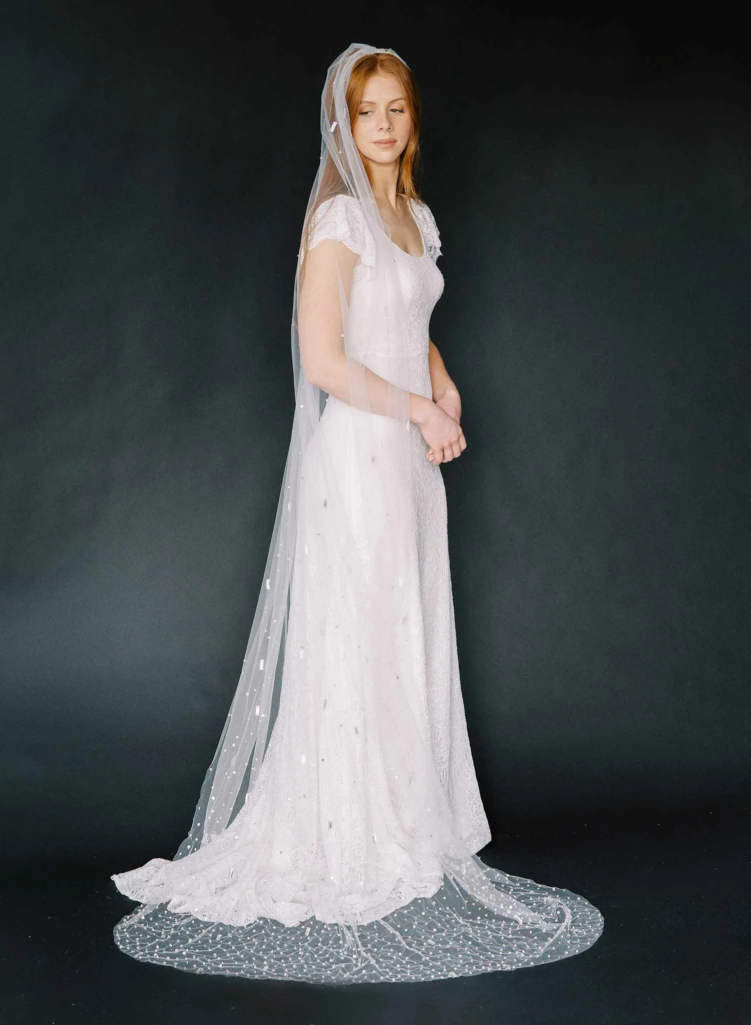 Baguette crystal and bead chapel train veil - Style #2370