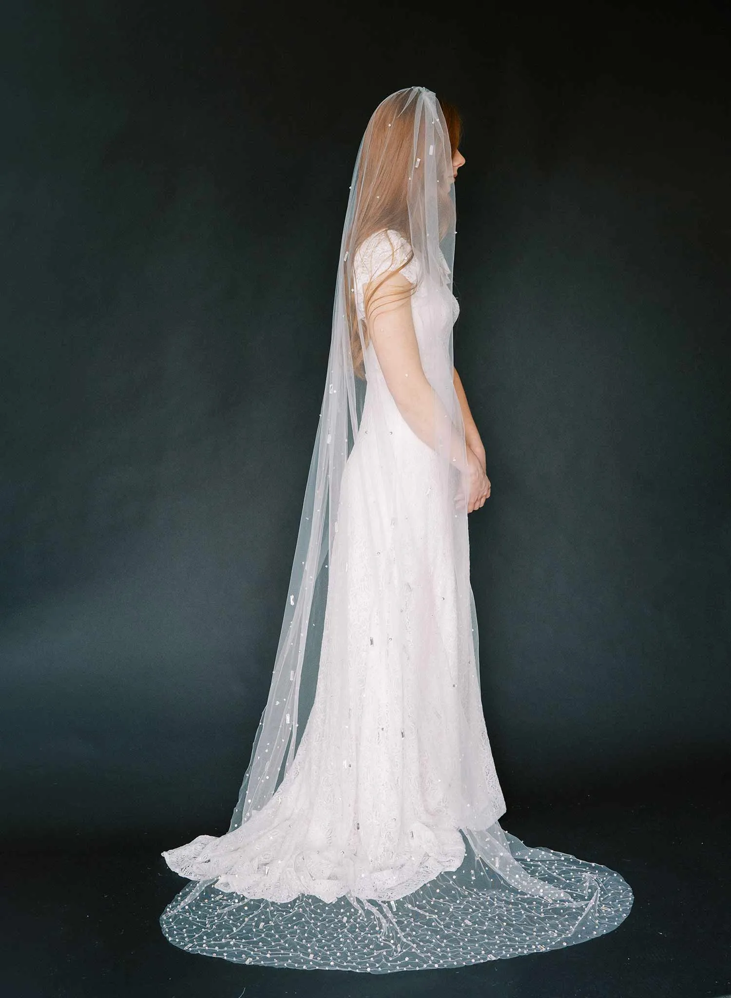 Baguette crystal and bead chapel train veil - Style #2370