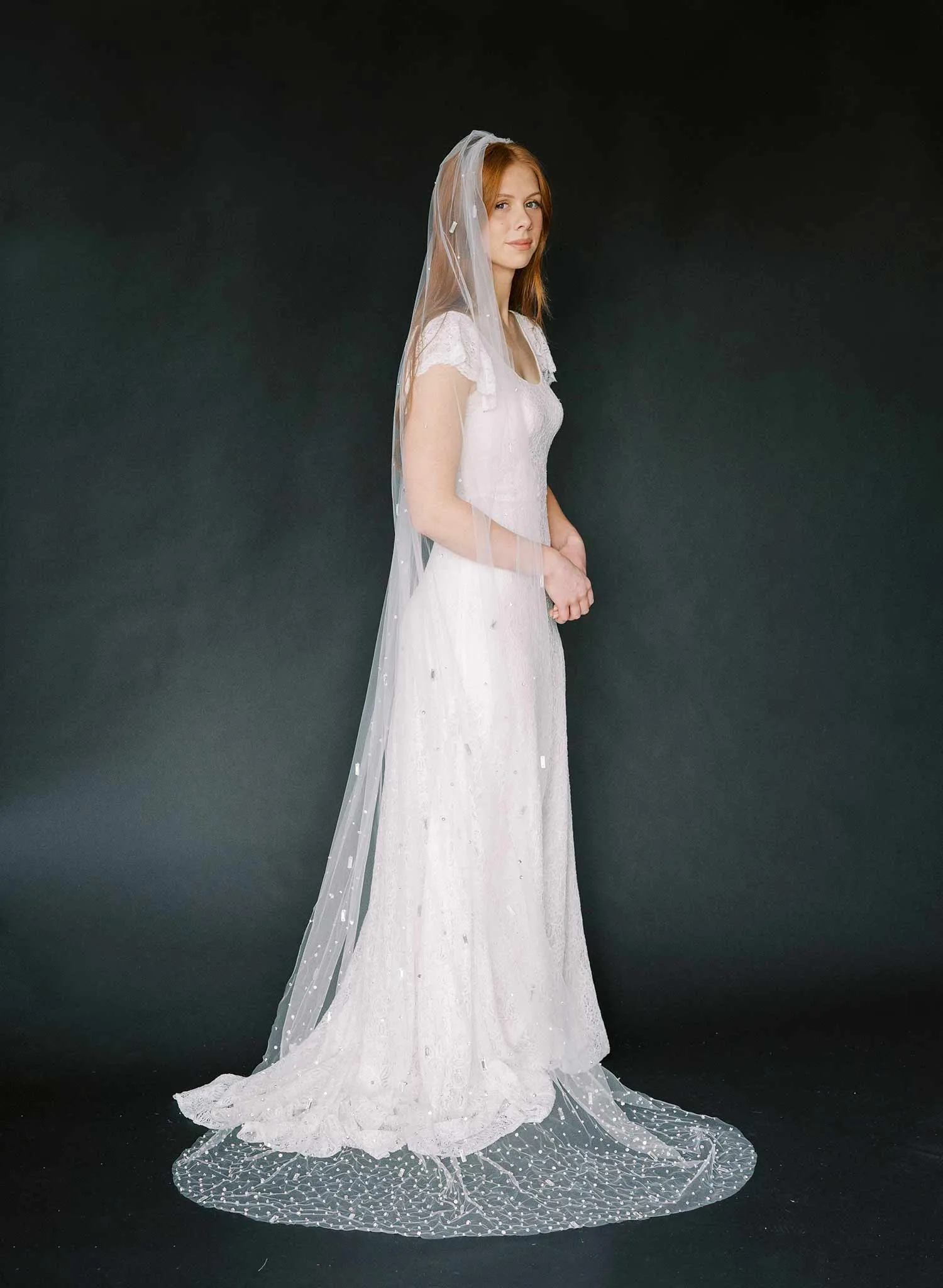 Baguette crystal and bead chapel train veil - Style #2370