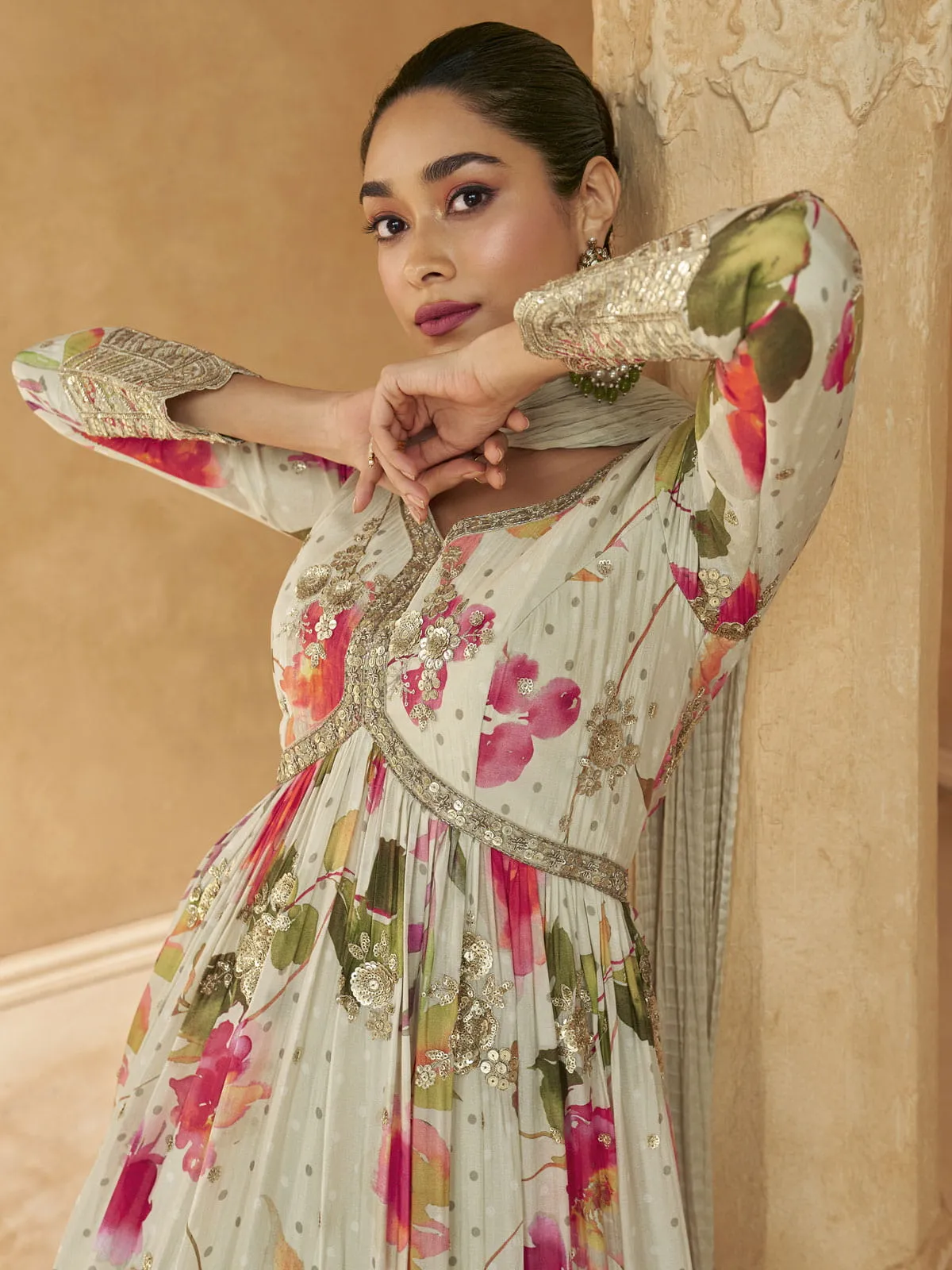 Beige Floral Print Embroidered Anarkali Gown