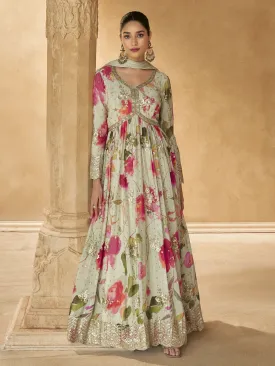 Beige Floral Print Embroidered Anarkali Gown