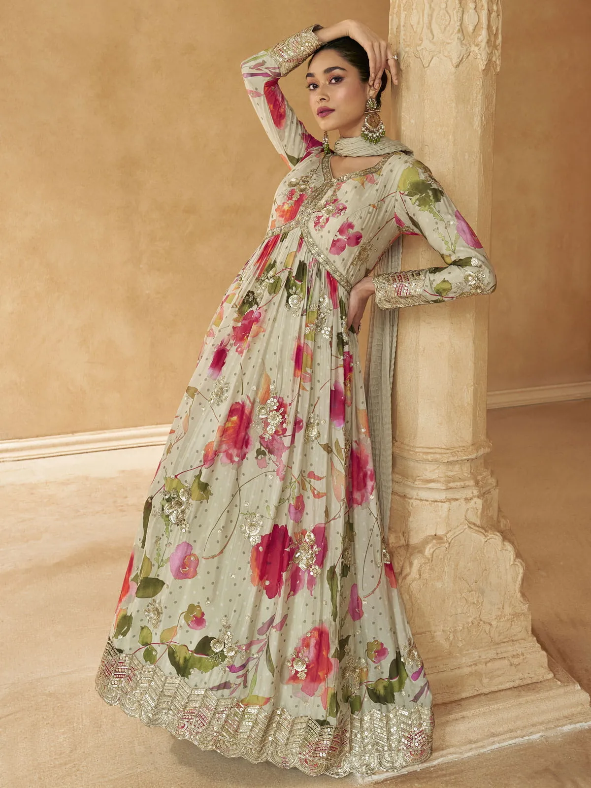 Beige Floral Print Embroidered Anarkali Gown