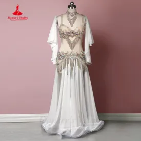 Belly Dance Performance Clothes Stones Tassel Bra necklace sleeves skirt 3pcs Customsized for Women Child Bellydancing Outfit