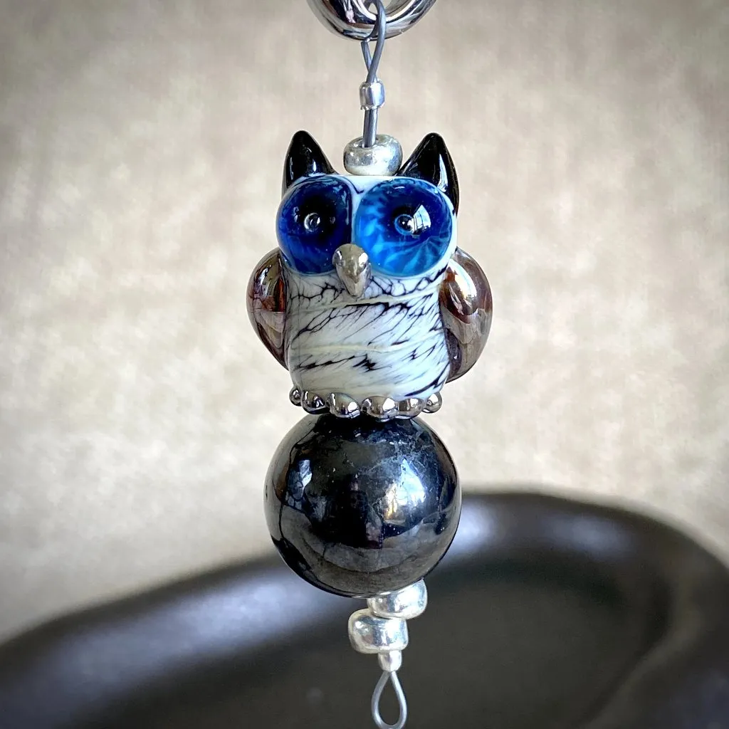 Blue-Eyed Owl & Shungite Clip-On, Necklace, Artisan Lampwork Glass Bead
