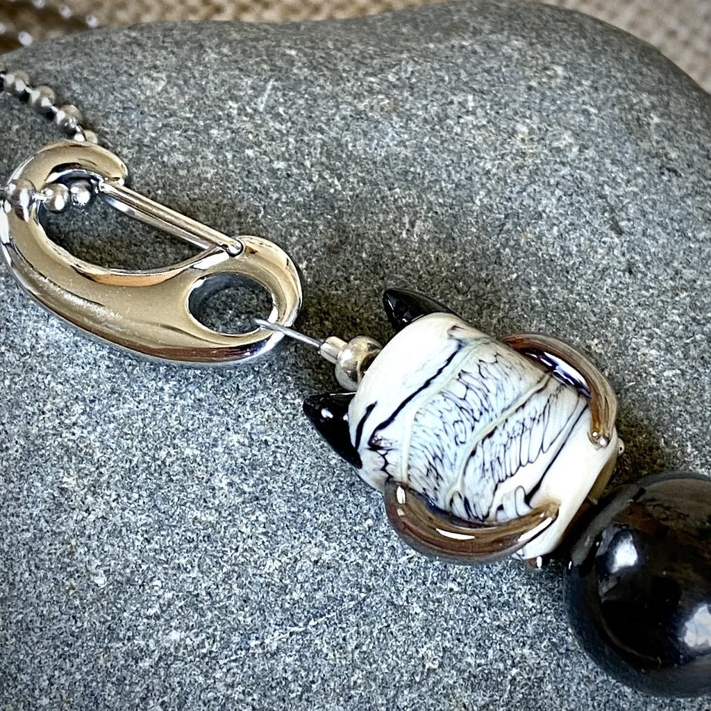 Blue-Eyed Owl & Shungite Clip-On, Necklace, Artisan Lampwork Glass Bead