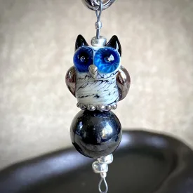 Blue-Eyed Owl & Shungite Clip-On, Necklace, Artisan Lampwork Glass Bead