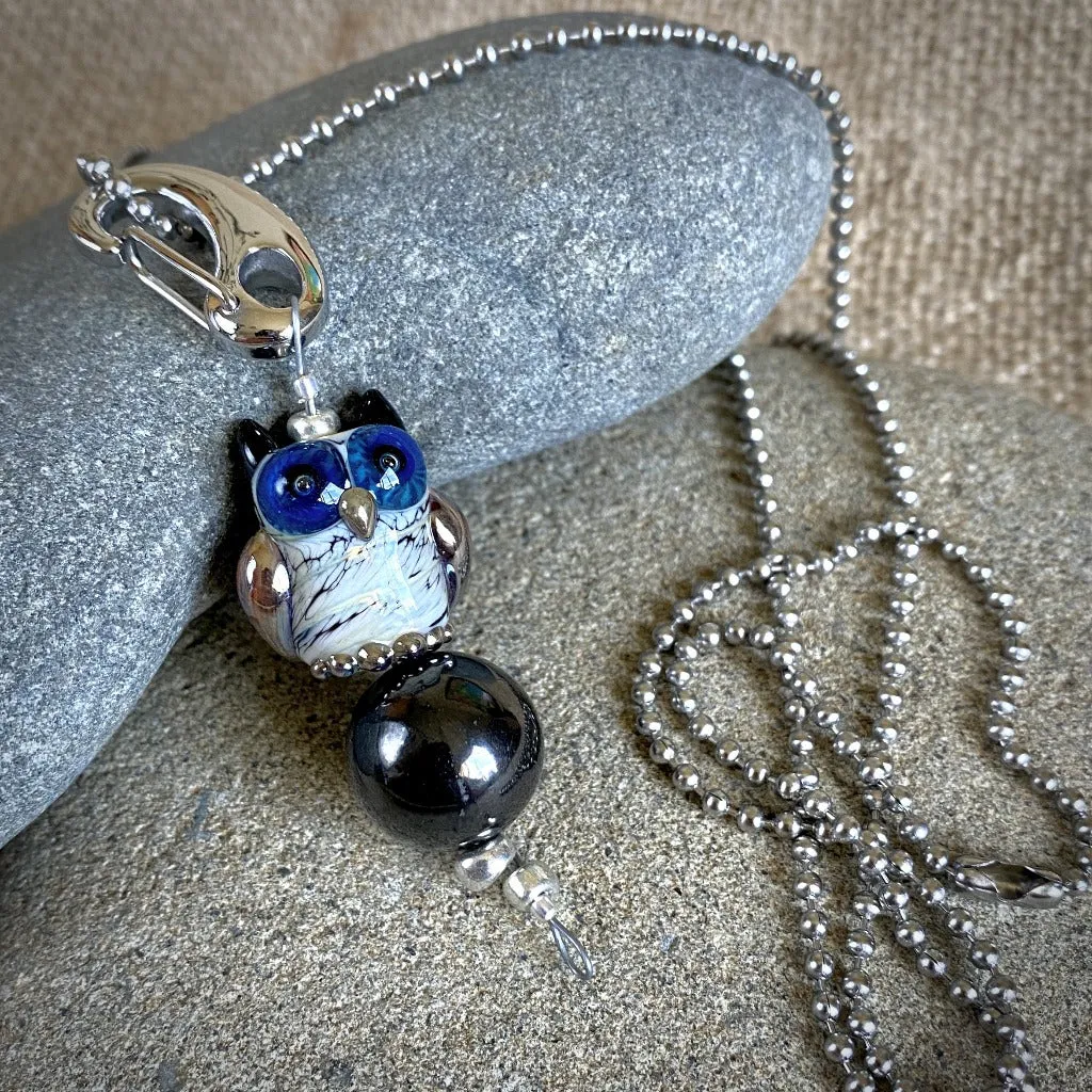 Blue-Eyed Owl & Shungite Clip-On, Necklace, Artisan Lampwork Glass Bead