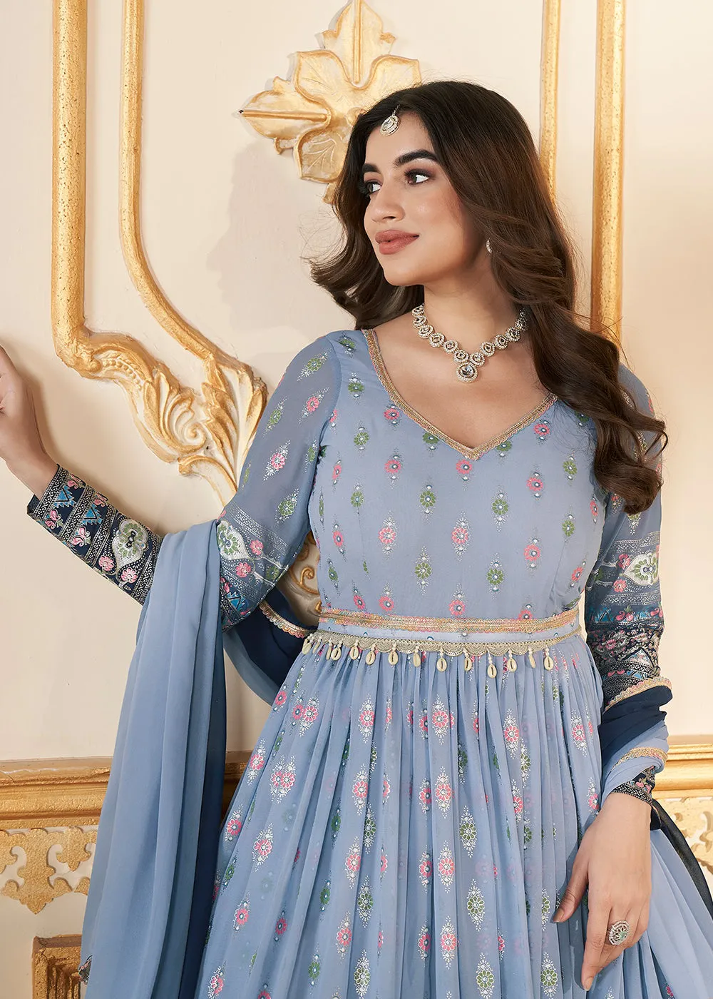 Blue Metalic Foil Work Embroidered Wedding Festive Anarkali Gown