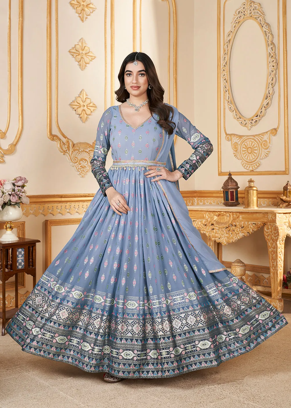 Blue Metalic Foil Work Embroidered Wedding Festive Anarkali Gown