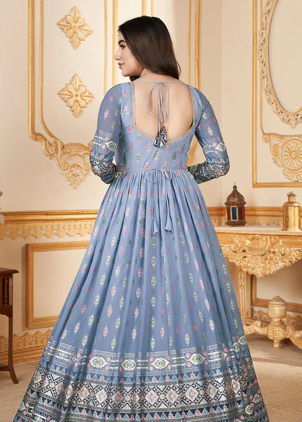 Blue Metalic Foil Work Embroidered Wedding Festive Anarkali Gown