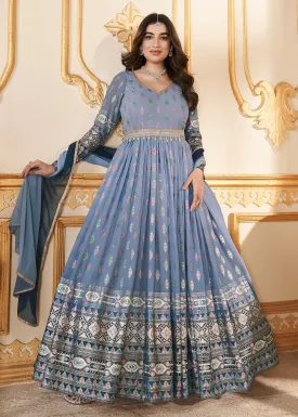 Blue Metalic Foil Work Embroidered Wedding Festive Anarkali Gown