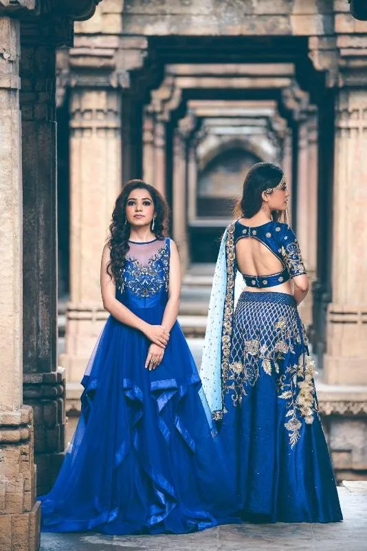 Blue Ruffled Embroidered Floor Length Gown