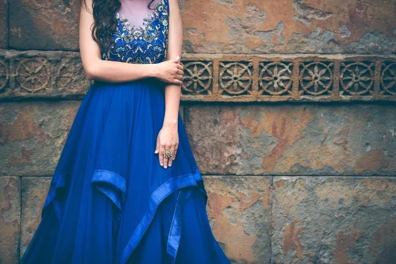Blue Ruffled Embroidered Floor Length Gown