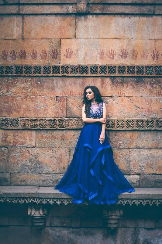 Blue Ruffled Embroidered Floor Length Gown