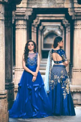 Blue Ruffled Embroidered Floor Length Gown