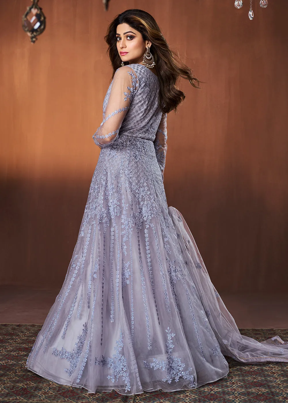 Bluish Grey All Over Embroidered Shamita Shetty Gown