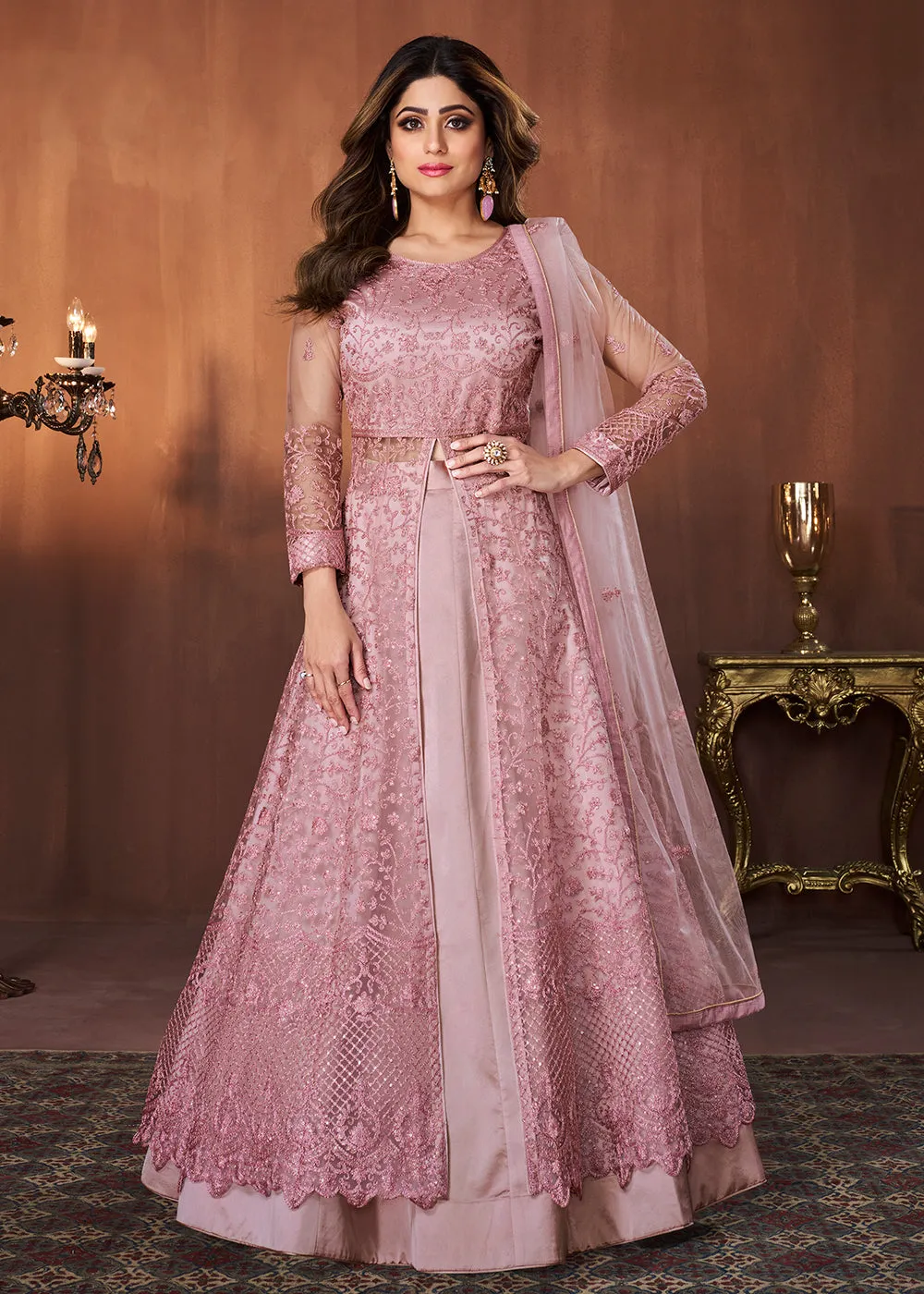 Blush Pink All Over Embroidered Shamita Shetty Gown