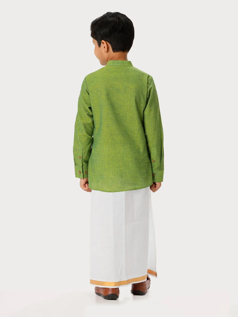 Boys Breeze Cotton Full Sleeves Yellowish Green Kurta with Dhoti Combo