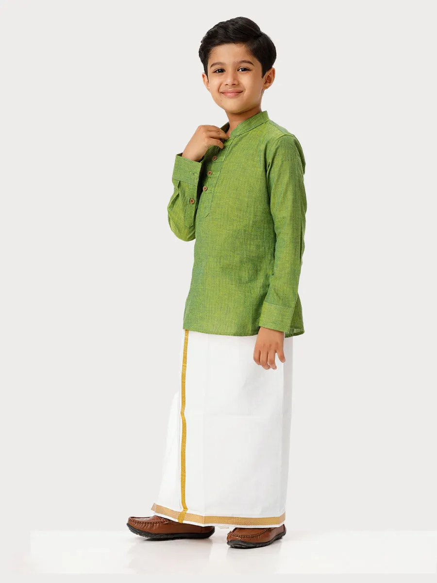 Boys Breeze Cotton Full Sleeves Yellowish Green Kurta with Dhoti Combo