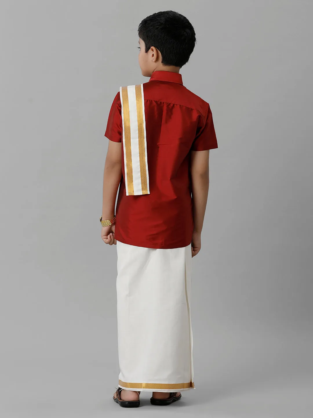 Boys Silk Cotton Red Half Sleeves Shirt with Adjustable Cream Dhoti Towel Combo K8