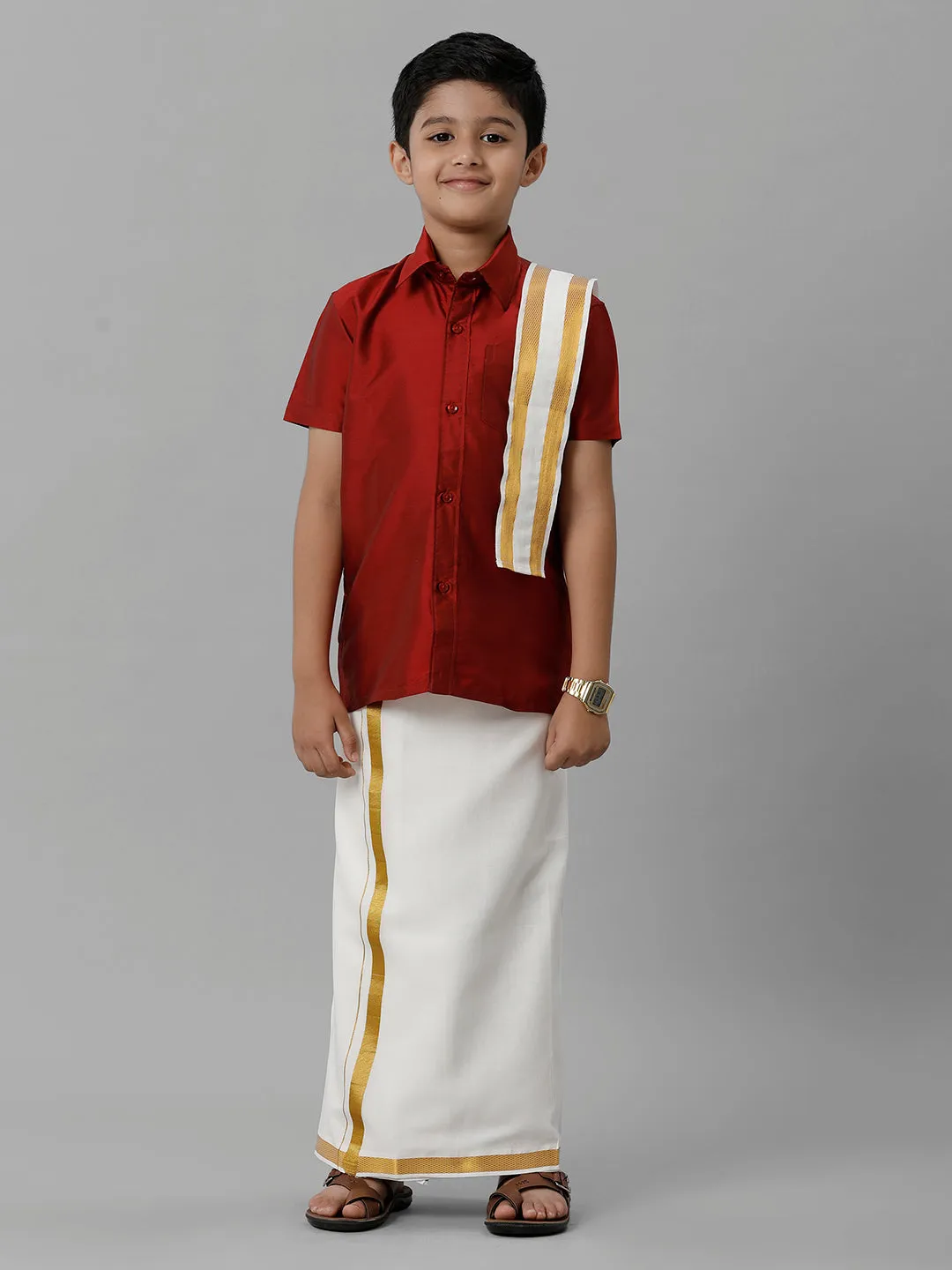 Boys Silk Cotton Red Half Sleeves Shirt with Adjustable Cream Dhoti Towel Combo K8