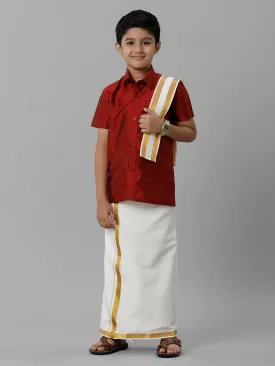Boys Silk Cotton Red Half Sleeves Shirt with Adjustable Cream Dhoti Towel Combo K8