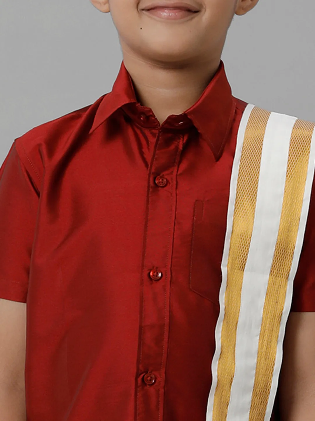 Boys Silk Cotton Red Half Sleeves Shirt with Adjustable Cream Dhoti Towel Combo K8