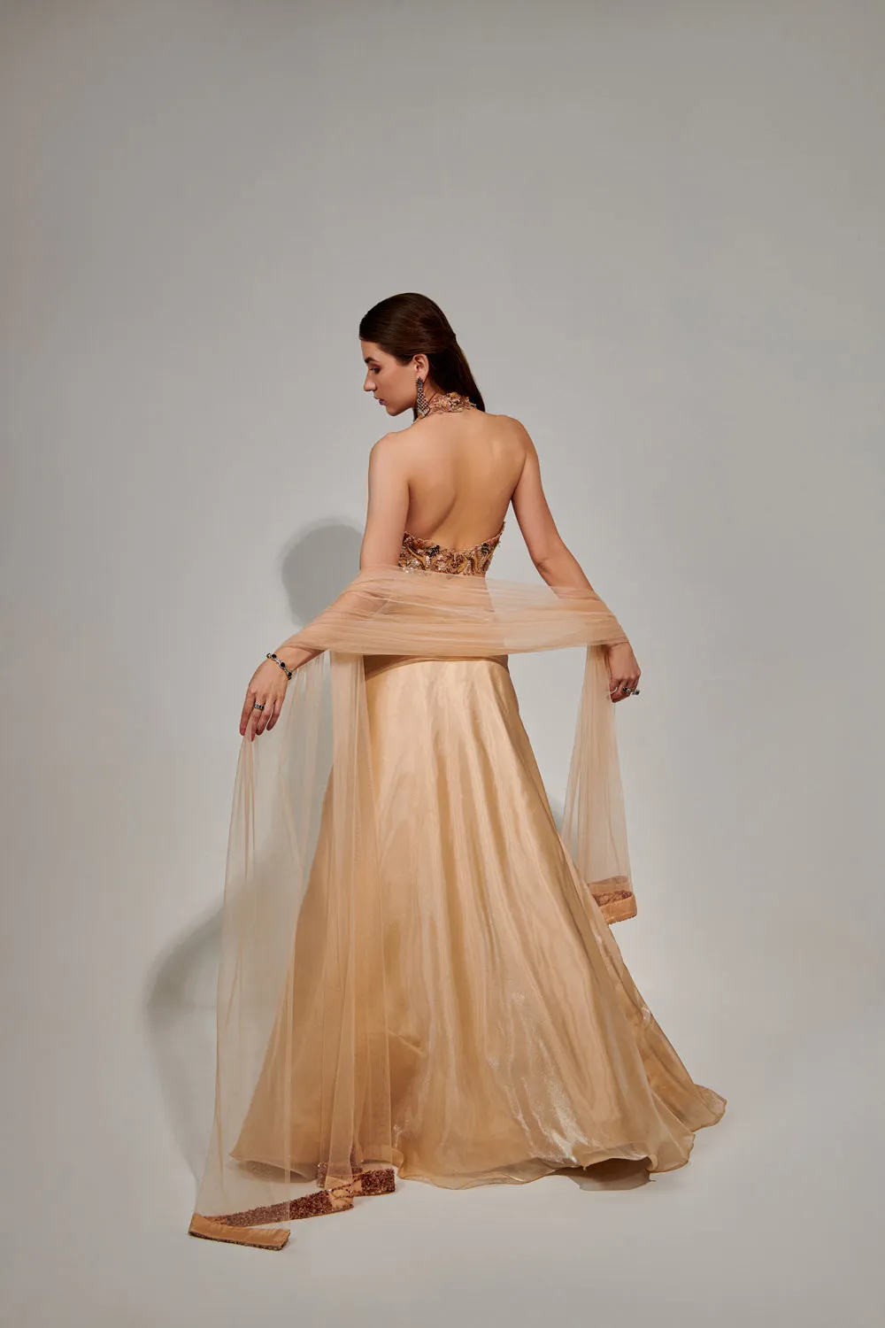 Cutwork Halter Neck Blouse & Lehenga