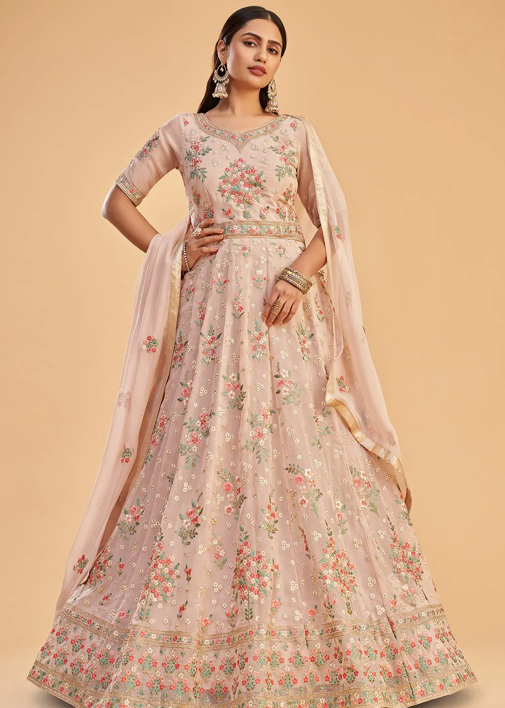 Dusty Pink Multi Thread Embroidered Georgette Anarkali Gown