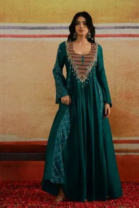 Emerald Green Embroidered Raw Silk Gown