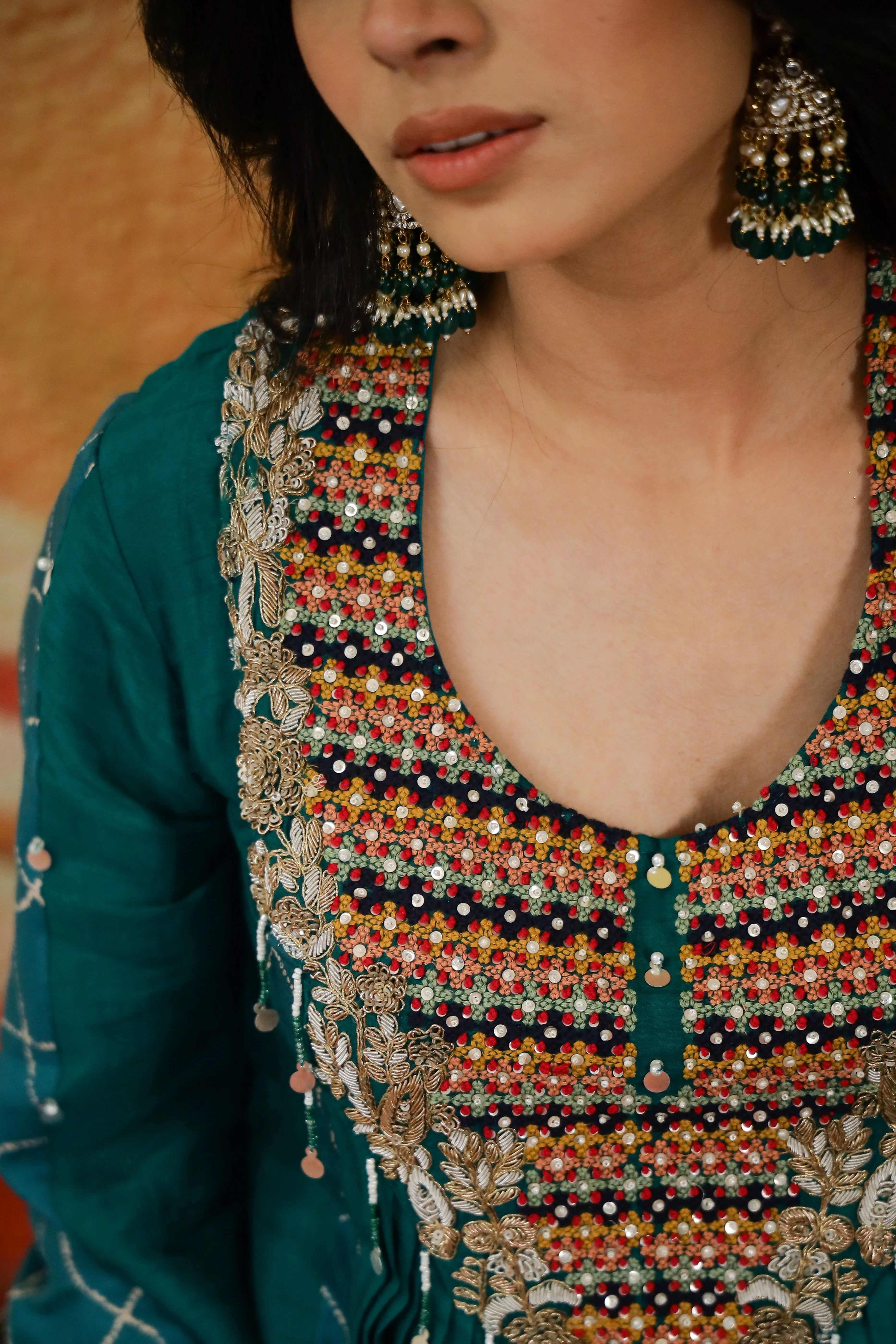 Emerald Green Embroidered Raw Silk Gown