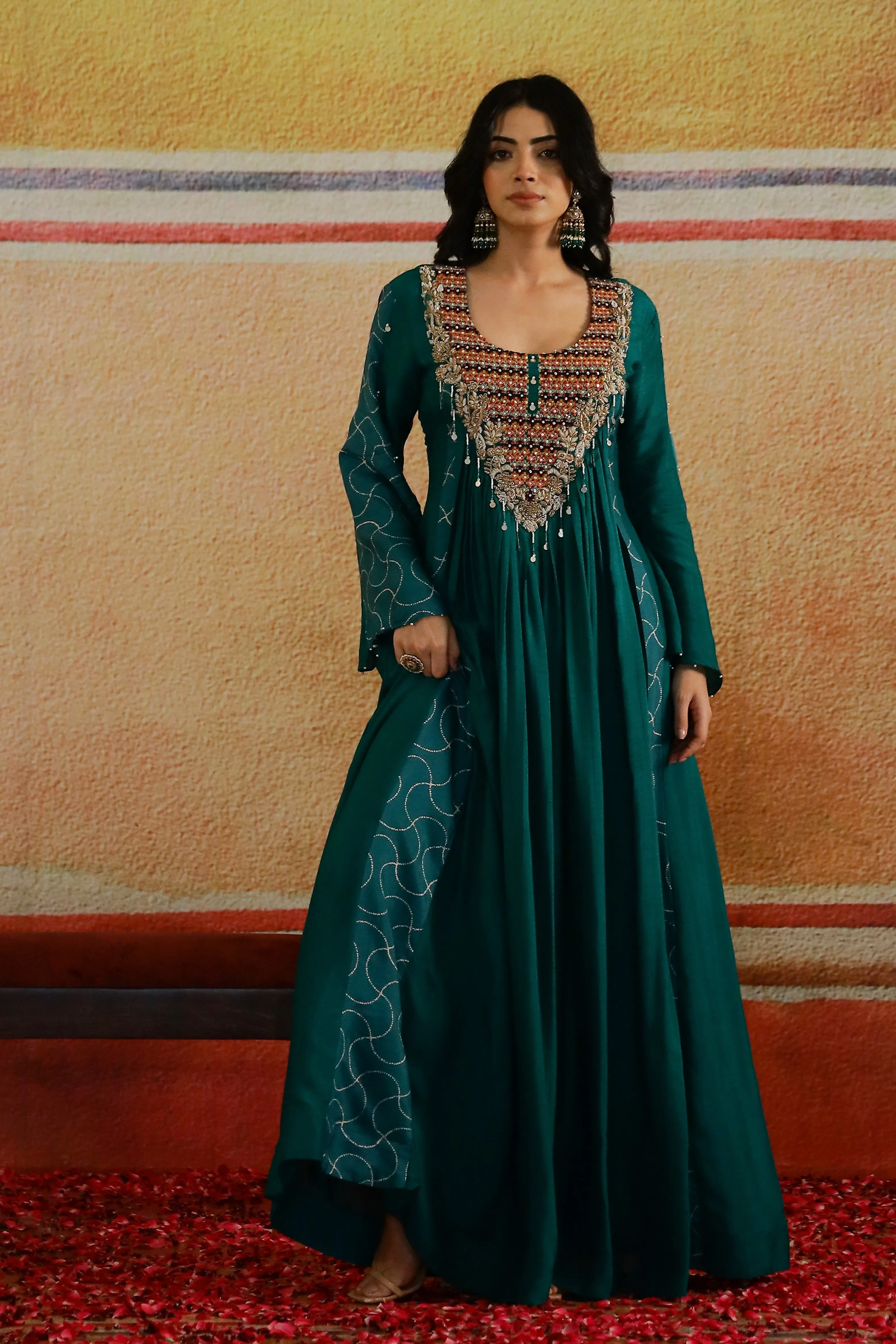 Emerald Green Embroidered Raw Silk Gown