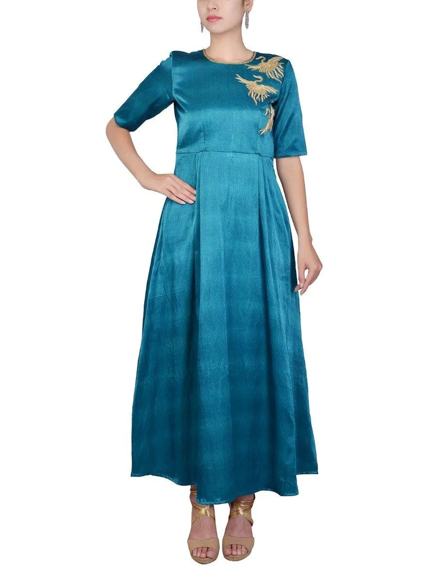 Emerald Green Gajji Silk Floor Length Gown