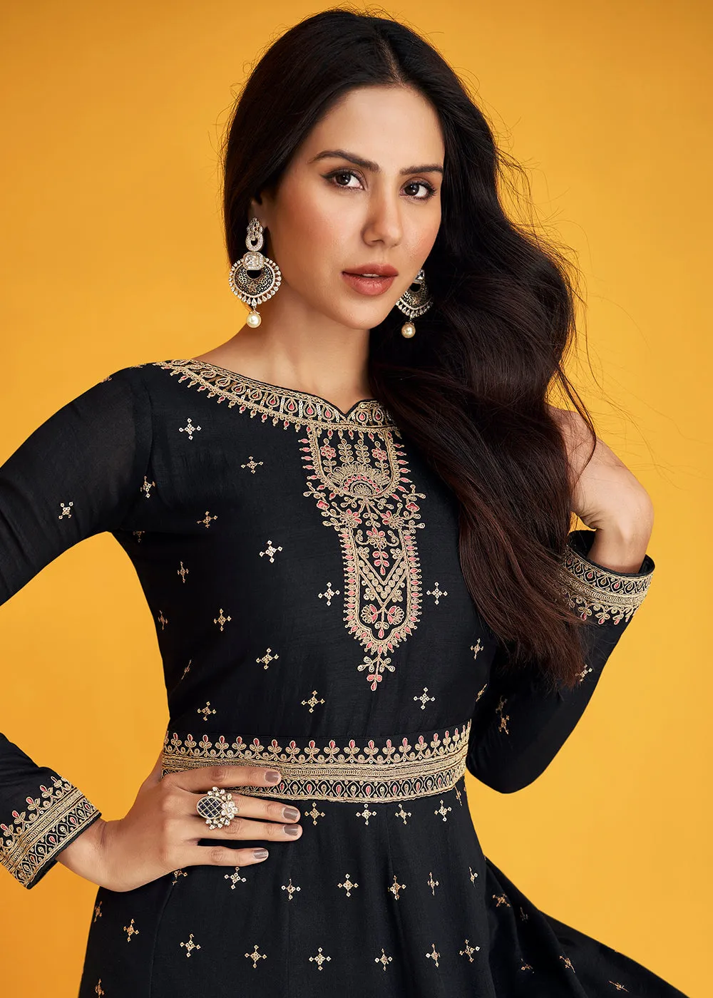 Fabulous Black Silk Festive Long Anarkali Featuring Sonam Bajwa