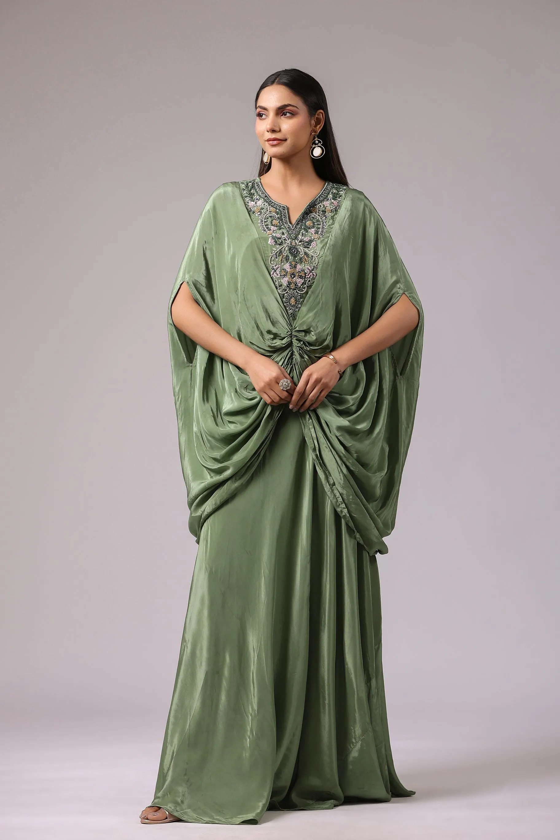 Fern Green Embroidered Crepe Silk Draped Gown